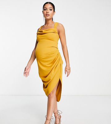 ASOS DESIGN Maternity cowl neck pencil midi dress in mustard-Yellow