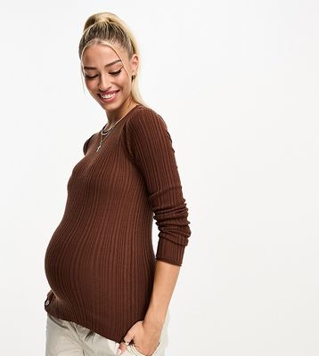 ASOS DESIGN Maternity crew neck ribbed sweater in brown