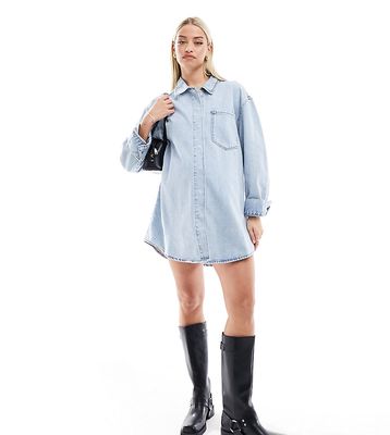 ASOS DESIGN Maternity denim mini shirt dress with front pockets in bleach wash-Blue