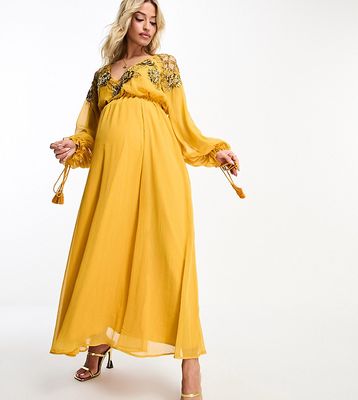 ASOS DESIGN Maternity embellished floral and lattice detail midi dress with elasticized waist in mustard-Yellow