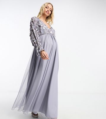 ASOS DESIGN Maternity embellished wrap front tulle skirt midaxi dress with floral detail in lilac-Purple