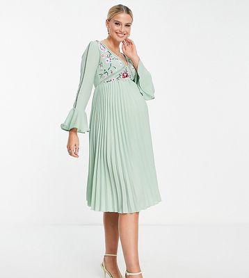 ASOS DESIGN Maternity embroidered pleated midi dress in sage-Green