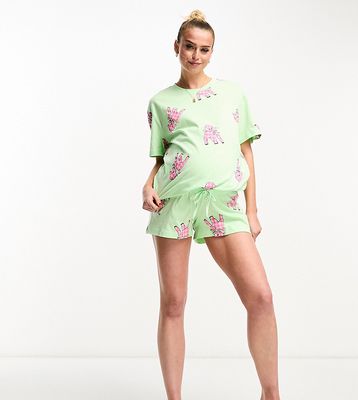 ASOS DESIGN Maternity exclusive lamb oversized tee & shorts pajama set in mint-Green