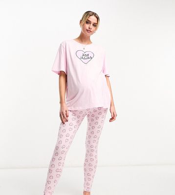 ASOS DESIGN Maternity exclusive mama heart oversized tee & legging pajama set in pink