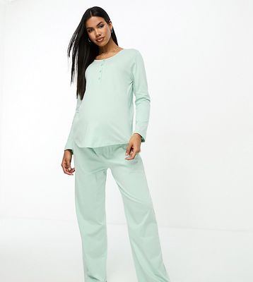ASOS DESIGN Maternity Exclusive mix & match cotton long sleeve nursing Henley pajama top in sage-Green