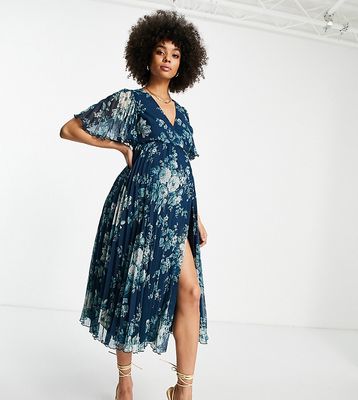 ASOS DESIGN Maternity exclusive pleated midi dress with kimono sleeve and tie waist in floral print-Multi