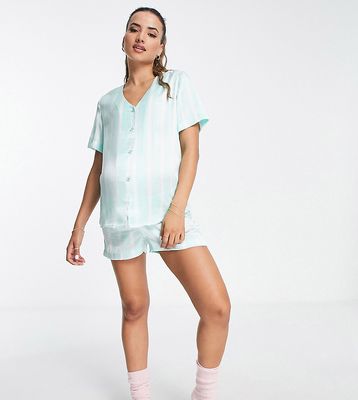 ASOS DESIGN Maternity exclusive satin stripe shirt & short pajama set in mint-Green