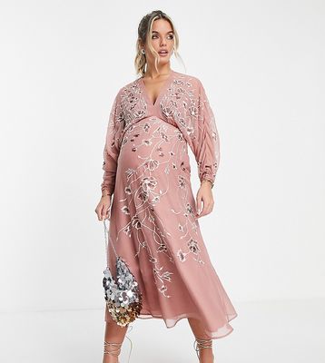 ASOS DESIGN Maternity floral embroidered batwing midi dress in rose-Pink