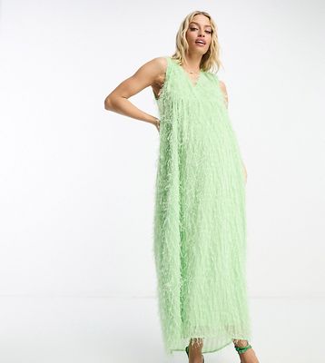 ASOS DESIGN Maternity fluffy shoulder pad v neck tiered midi dress in pistachio-Green