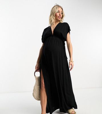 ASOS DESIGN Maternity flutter sleeve maxi beach dress with channeled tie waist in black