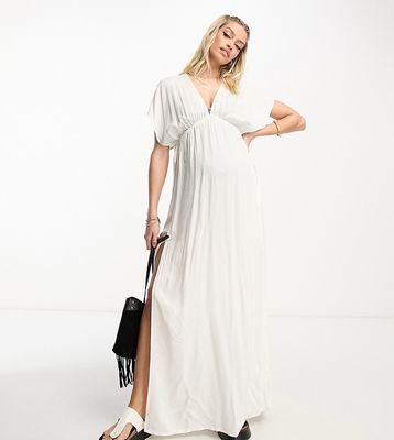 ASOS DESIGN Maternity flutter sleeve maxi beach dress with channeled tie waist in white