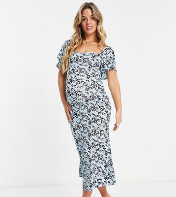 ASOS DESIGN Maternity flutter sleeve midi tea dress in blue floral and dot print-Multi