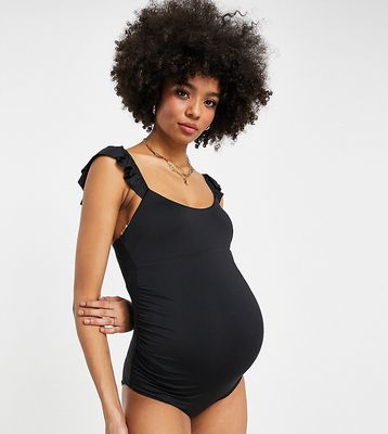 ASOS DESIGN Maternity flutter sleeve swimsuit in black