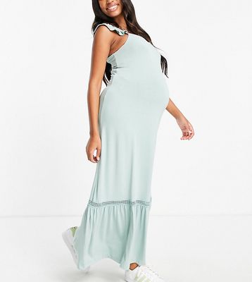 ASOS DESIGN Maternity frill sleeve maxi sundress with lace inserts in sage green