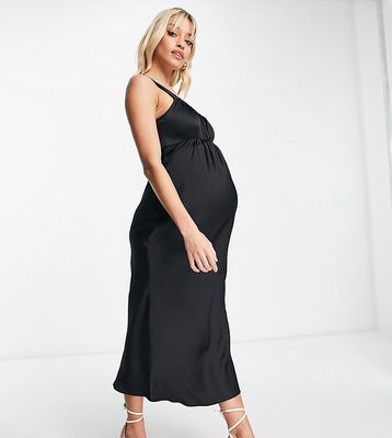 ASOS DESIGN Maternity gathered babydoll satin midi slip dress in black
