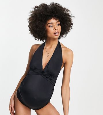 ASOS DESIGN Maternity gathered halter wrap swimsuit in black
