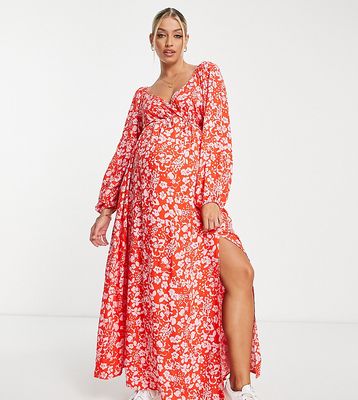 ASOS DESIGN Maternity gathered waist maxi tea dress in pink and red floral-Multi