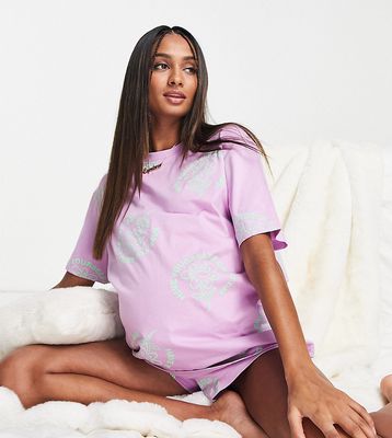 ASOS DESIGN Maternity great day oversized tee & short pajama set in lilac-Purple