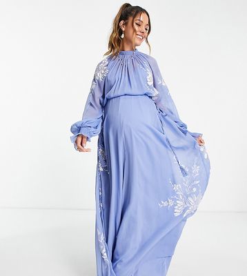 ASOS DESIGN Maternity high neck maxi dress with tie waist detail and stencil floral embroidery-Blue
