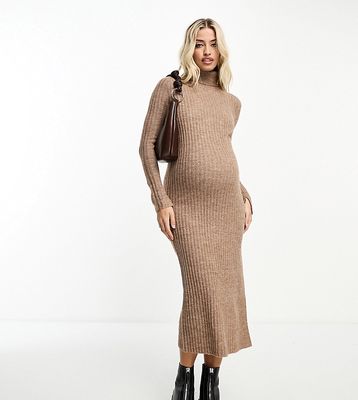 ASOS DESIGN Maternity knit maxi dress with high neck and side slit in camel-Neutral