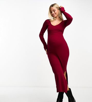 ASOS DESIGN Maternity knitted midi dress with v neck in rib in dark red