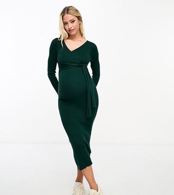 ASOS DESIGN Maternity knitted midi dress with wrap front in dark green