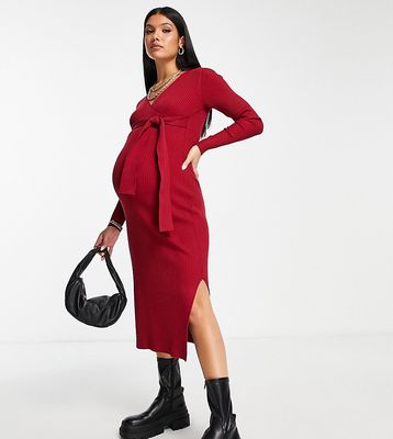 ASOS Design Maternity knitted midi dress with wrap front in dark red