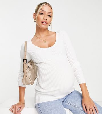 ASOS DESIGN Maternity knitted top with scoop neck with rib bust detail in cream-White