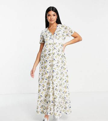 ASOS DESIGN Maternity lace insert button up maxi tea dress in floral print-Multi