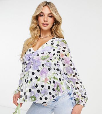 ASOS DESIGN Maternity long sleeve ruched front blouse with pleated peplum hem in floral dot-Multi