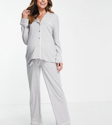 ASOS DESIGN Maternity long sleeve shirt & pants pajama set with contrast piping in gray