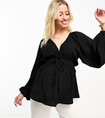 ASOS DESIGN Maternity long sleeve v neck top with kimono sleeve and tie front in black