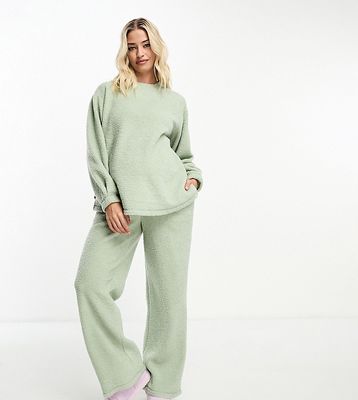 ASOS DESIGN Maternity lounge borg sweatshirt & wide leg pants set in sage-Green