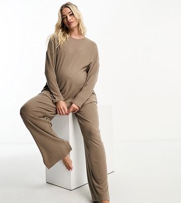 ASOS DESIGN Maternity lounge soft touch rib sweat & pants set in brown