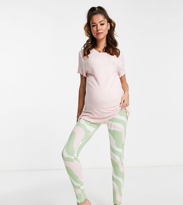 ASOS DESIGN Maternity lounge super soft tee & swirl leggings set in pink, green & white-Multi