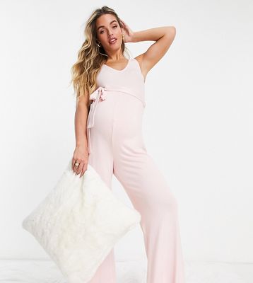 ASOS DESIGN Maternity lounge super soft waist tie jumpsuit with lettuce hem in pink