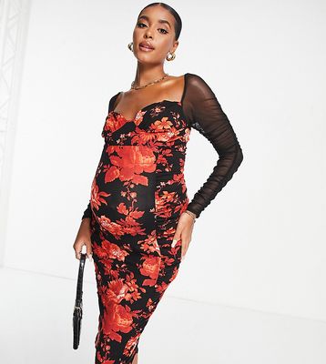ASOS DESIGN Maternity mesh long sleeve ruched midi dress in red floral print-Multi
