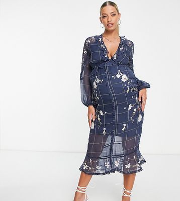 ASOS DESIGN Maternity midi dress in check print with pop floral embroidery and lace inserts-Blue