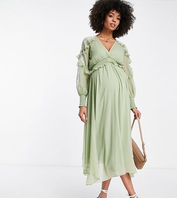 ASOS DESIGN Maternity Midi Dress with Embroidery and lace Trim Detail in sage-Green