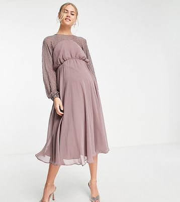 ASOS DESIGN Maternity midi dress with linear yoke embellishment in mauve-Purple