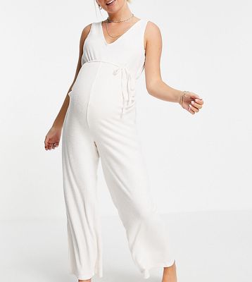 ASOS DESIGN Maternity mix & match lounge super soft rib jumpsuit with waist tie in ecru-White