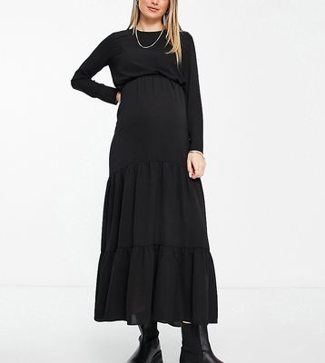 ASOS DESIGN Maternity nursing drawstring waist tiered midi dress in black