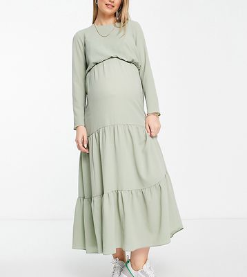 ASOS DESIGN Maternity nursing drawstring waist tiered midi dress in sage-Green