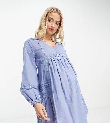 ASOS DESIGN Maternity pintuck mini dress with lace insert detail in blue
