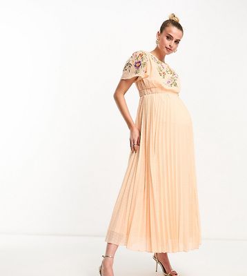 ASOS DESIGN Maternity pleated textured cowl front embroidered maxi dress with belt in coral-Orange