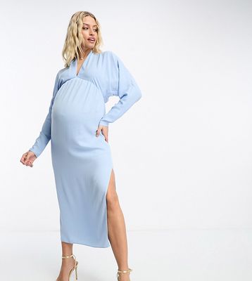 ASOS DESIGN Maternity plunge neck batwing midi dress in pale blue