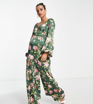ASOS DESIGN Maternity puff sleeve cut out back jumpsuit in floral print-Multi