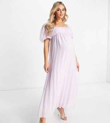ASOS DESIGN Maternity puff sleeve pleated textured midi dress with scallop trim in lavender-Purple