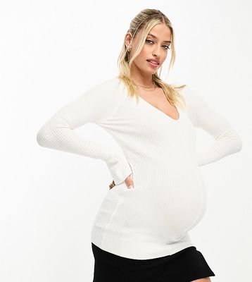 ASOS DESIGN Maternity rib sweater with v neck in cream-White