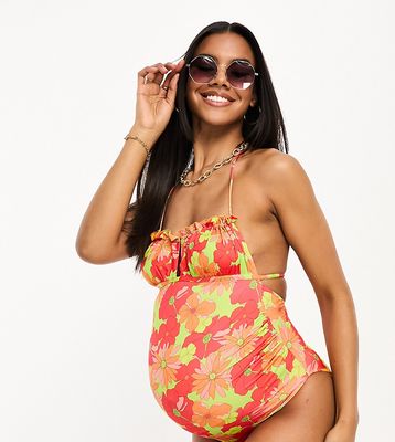 ASOS DESIGN Maternity ruched tie front swimsuit in bright retro floral print-Multi